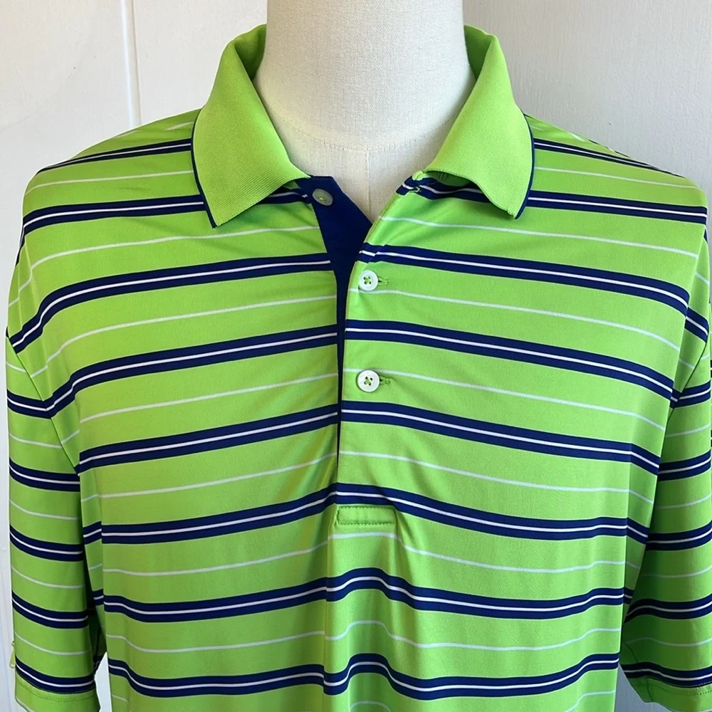 RLX Ralph Lauren Golf Polo Blue & Lime Green Stripes S/S Logo on Sleeve Men XL